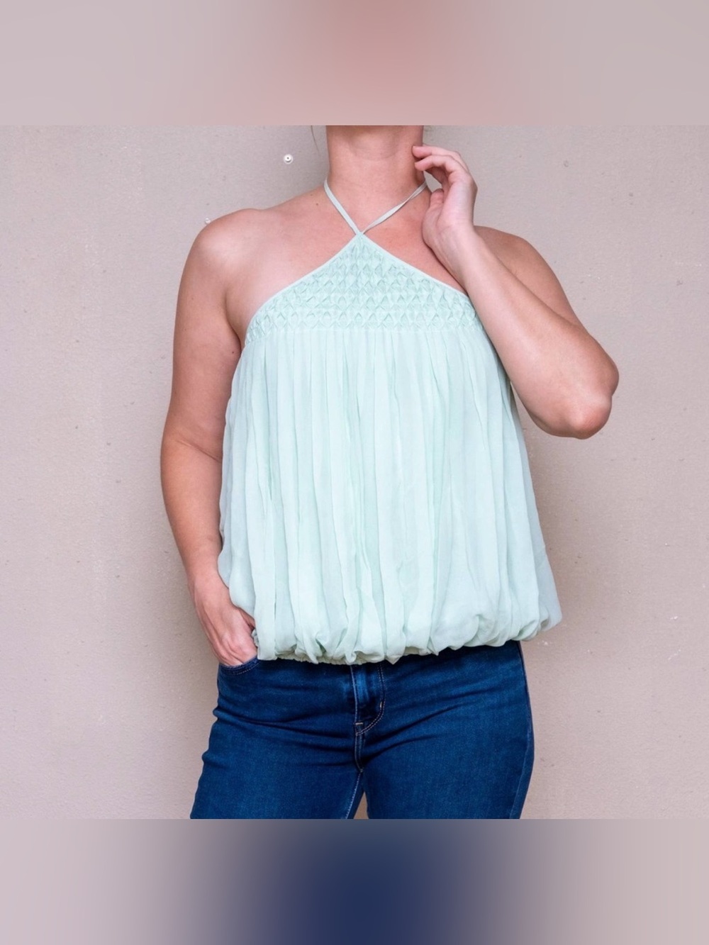 L'AGENCE Light Green Pleated Halter Top 100% Silk